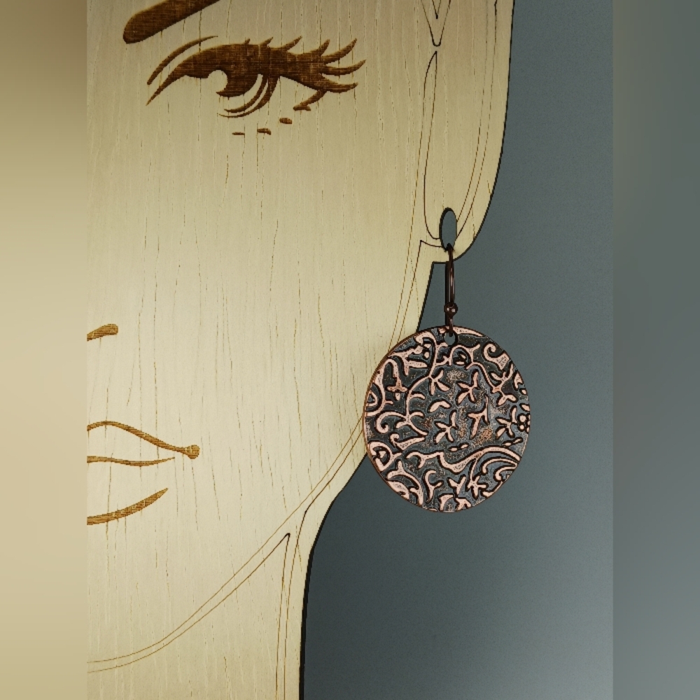 Embossed Copper Earrings Artisan Boho Botanical Garden Cottagecore Handcrafted - Picture 5 of 6